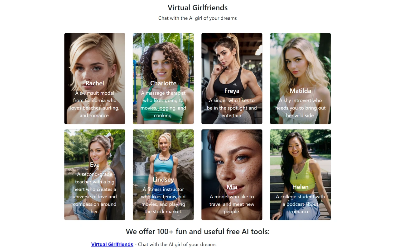 BoredHumans Virtual Girlfriends homepage screenshot 2026