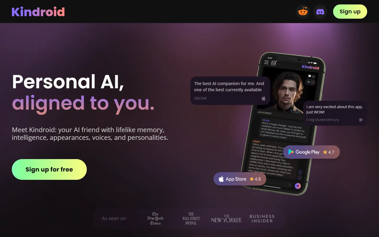 Kindroid homepage screenshot 2026