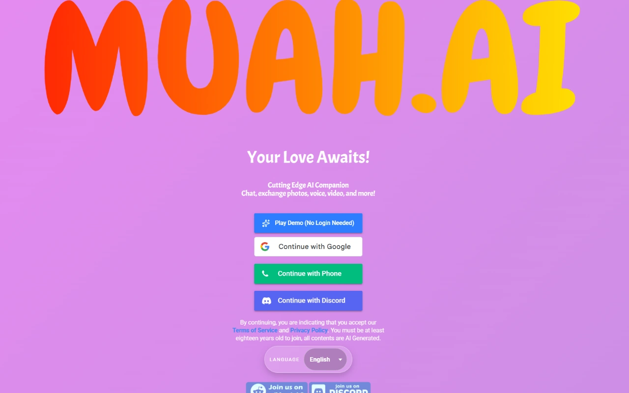 Muah AI homepage screenshot 2026