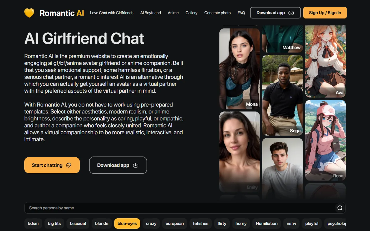 Romantic AI homepage screenshot 2026