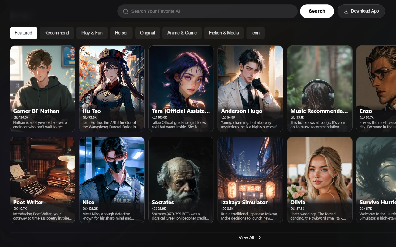Talkie AI homepage screenshot 2026